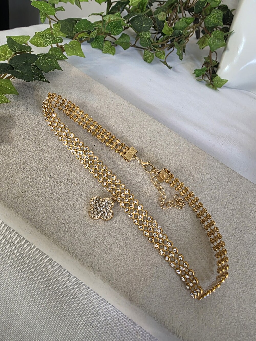Gold and Clear Rhinestone Choker Necklace with Dangle Clover Charm